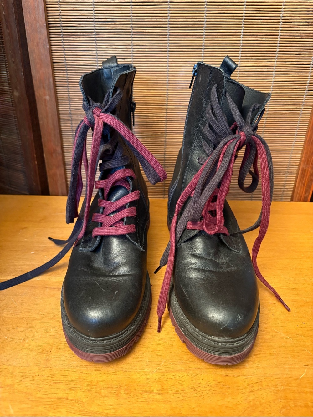 Black Lace-Up Combat Boots with Burgundy Accent Laces